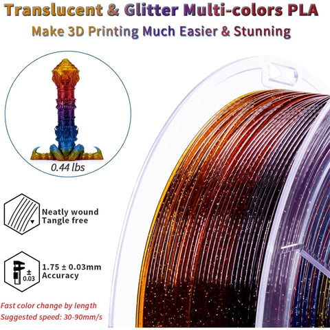 Ziro Rainbow/Gradient 'Twinkling' Glitter-PLA 1.75mm 3D Printer Filament