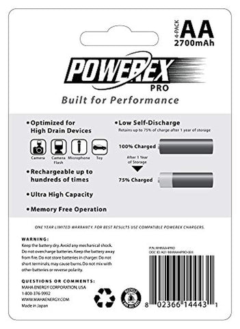 PowerEx PRO Rechargeable AA 4-Pack - 2700mAh