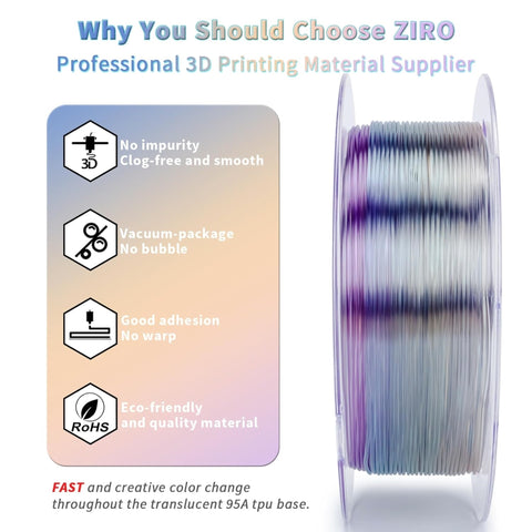 Ziro Rainbow/Gradient Flexible TPU Filament, 1.75mm, Dimensional Accuracy +/- 0.03mm