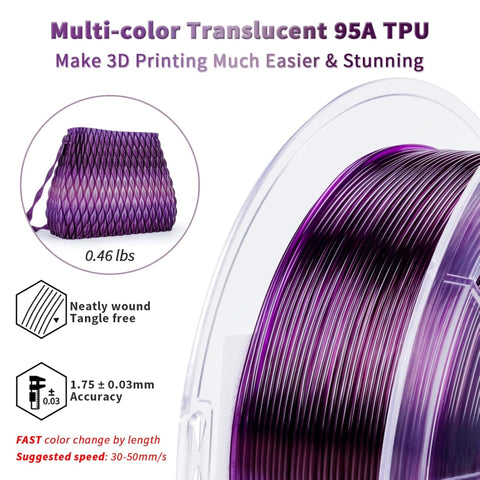 Ziro Rainbow/Gradient Flexible TPU Filament, 1.75mm, Dimensional Accuracy +/- 0.03mm