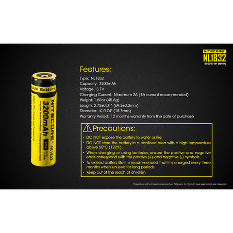 Nitecore NL1832 3200mAh Rechargeable 18650 Battery
