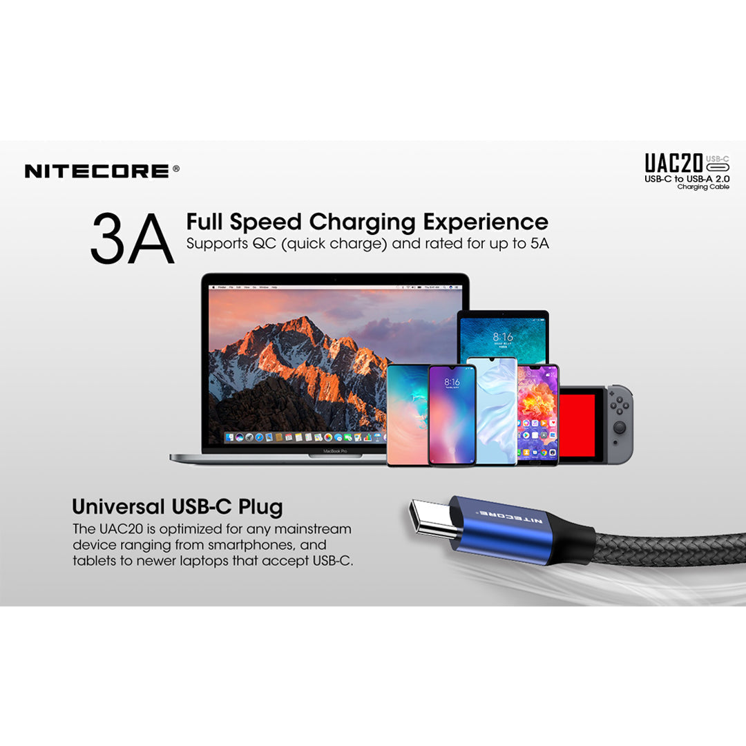 Accessories - Nitecore UAC20, USB Type-C 3A Fast Charging Cable, 3.3ft