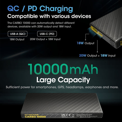 Batteries & Chargers - Nitecore Carbo 10000, Lightweight QC 10000mAh USB Power Bank
