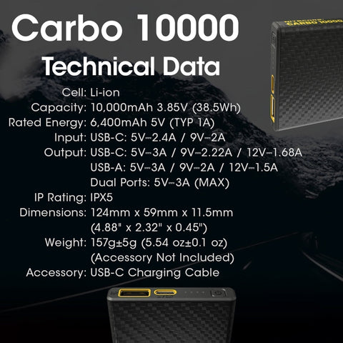 Batteries & Chargers - Nitecore Carbo 10000, Lightweight QC 10000mAh USB Power Bank