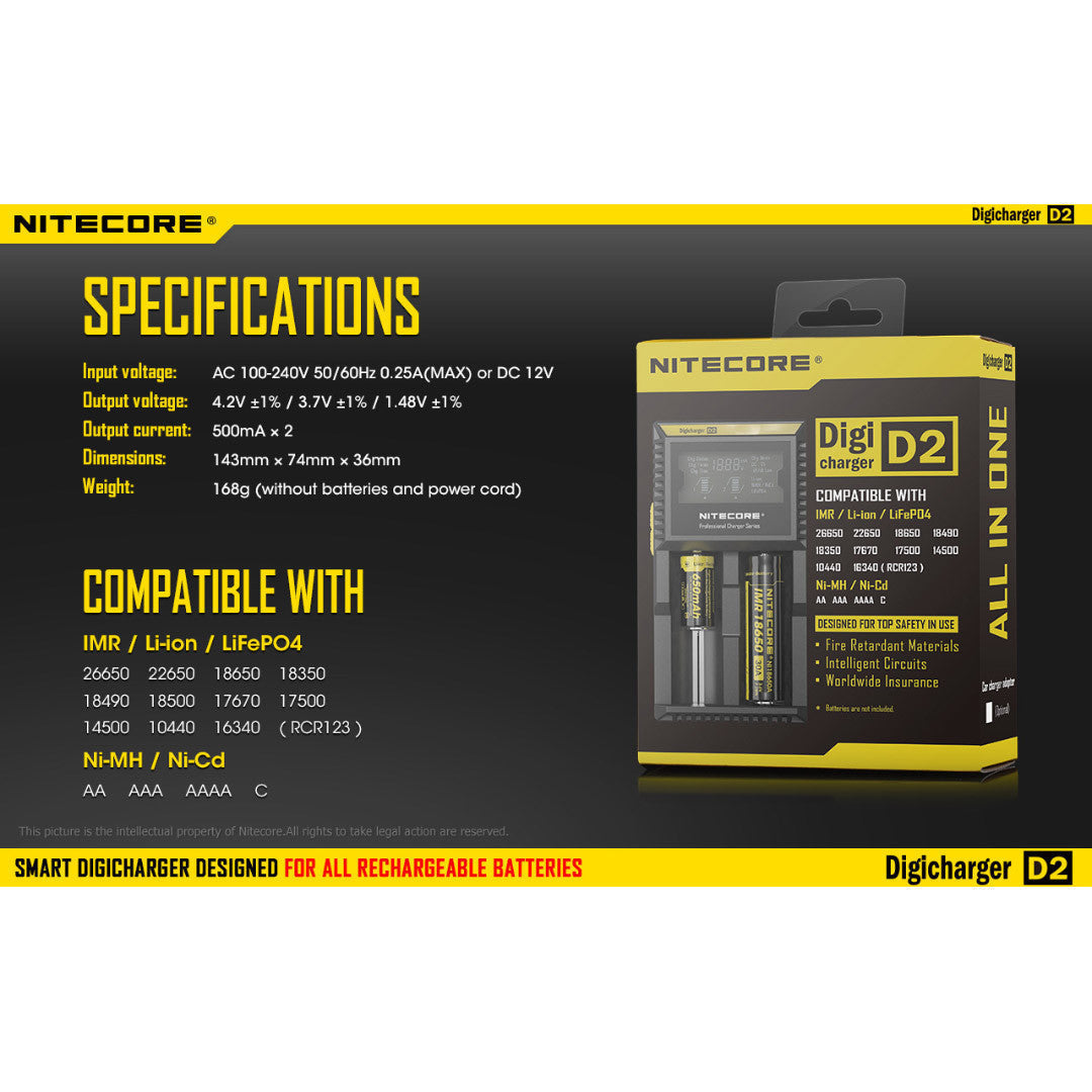 Batteries & Chargers - Nitecore D2 Digital 2-Slot Universal IMR/Li-Ion Battery Charger