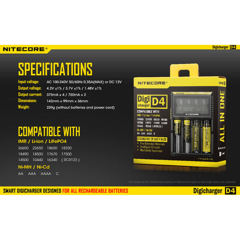 Batteries & Chargers - Nitecore D4 Digital 4-slot Universal IMR/Li-Ion Battery Charger