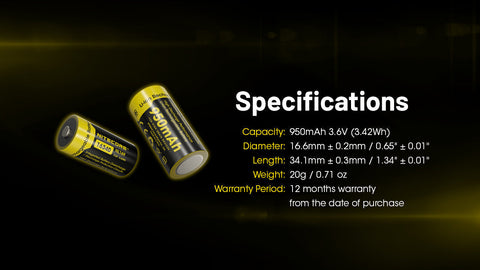 Batteries & Chargers - Nitecore NL169 950mAh Rechargeable 16340 Li-Ion Battery