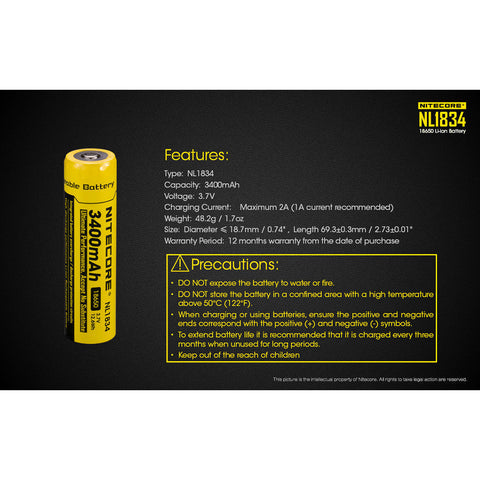 Batteries & Chargers - Nitecore NL1834 3400mAh Rechargeable 18650 Battery