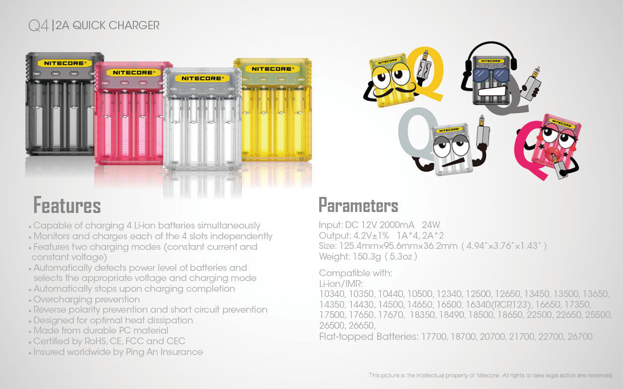 Batteries & Chargers - Nitecore Q4 4-Slot Universal IMR/Li-Ion Battery Charger (Juicy Mango)