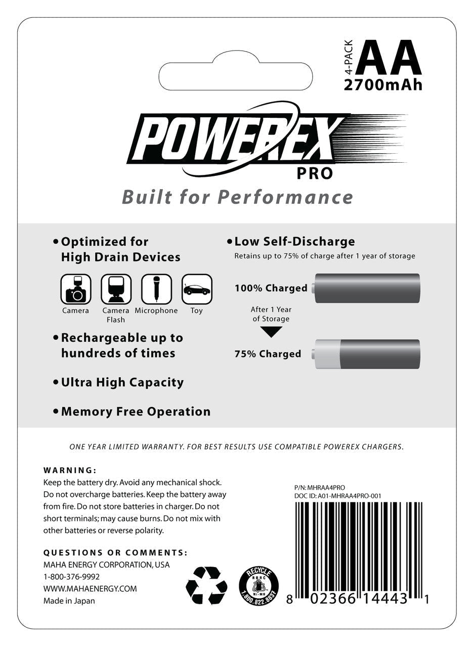 Batteries & Chargers - PowerEx PRO AA Batteries (4-Pack) - 2700mAh, Low Self-Discharge