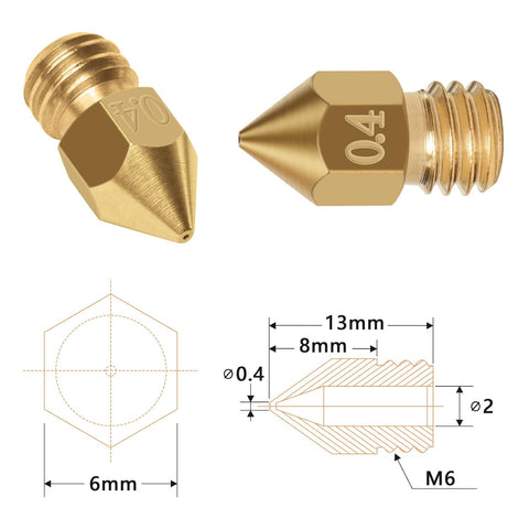 3D Printer Nozzle, Brass, MK8 0.4mm (5-Pack)