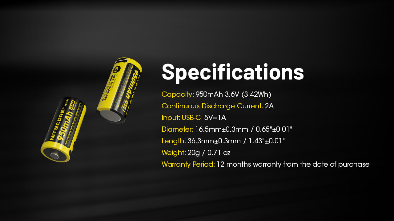 (USED/OPEN-BOX) Nitecore NL169R 950mAh USB-C Rechargeable 16340 Li-Ion Battery