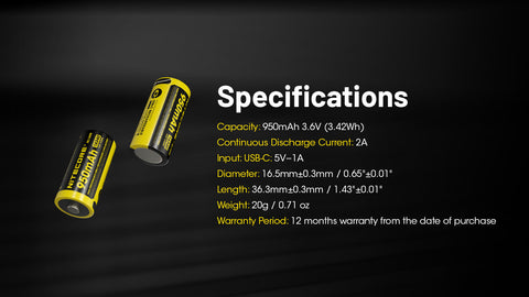 (USED/OPEN-BOX) Nitecore NL169R 950mAh USB-C Rechargeable 16340 Li-Ion Battery