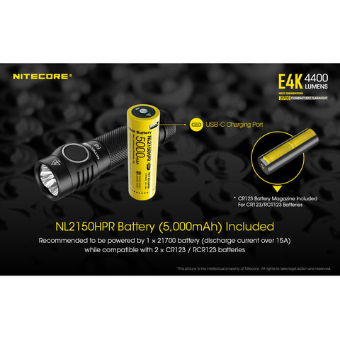 Flashlights & Headlamps - Nitecore E4K Compact EDC Flashlight W/ USB-C Rechargeable Battery ( 4400 Lumens | 21700 Lithium)
