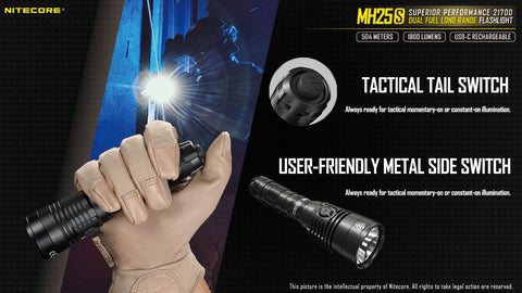 Flashlights & Headlamps - Nitecore MH25S, 551 Yard Long-Throw Rechargeable Flashlight (1800 Lumens | USB-C Rechargeable)