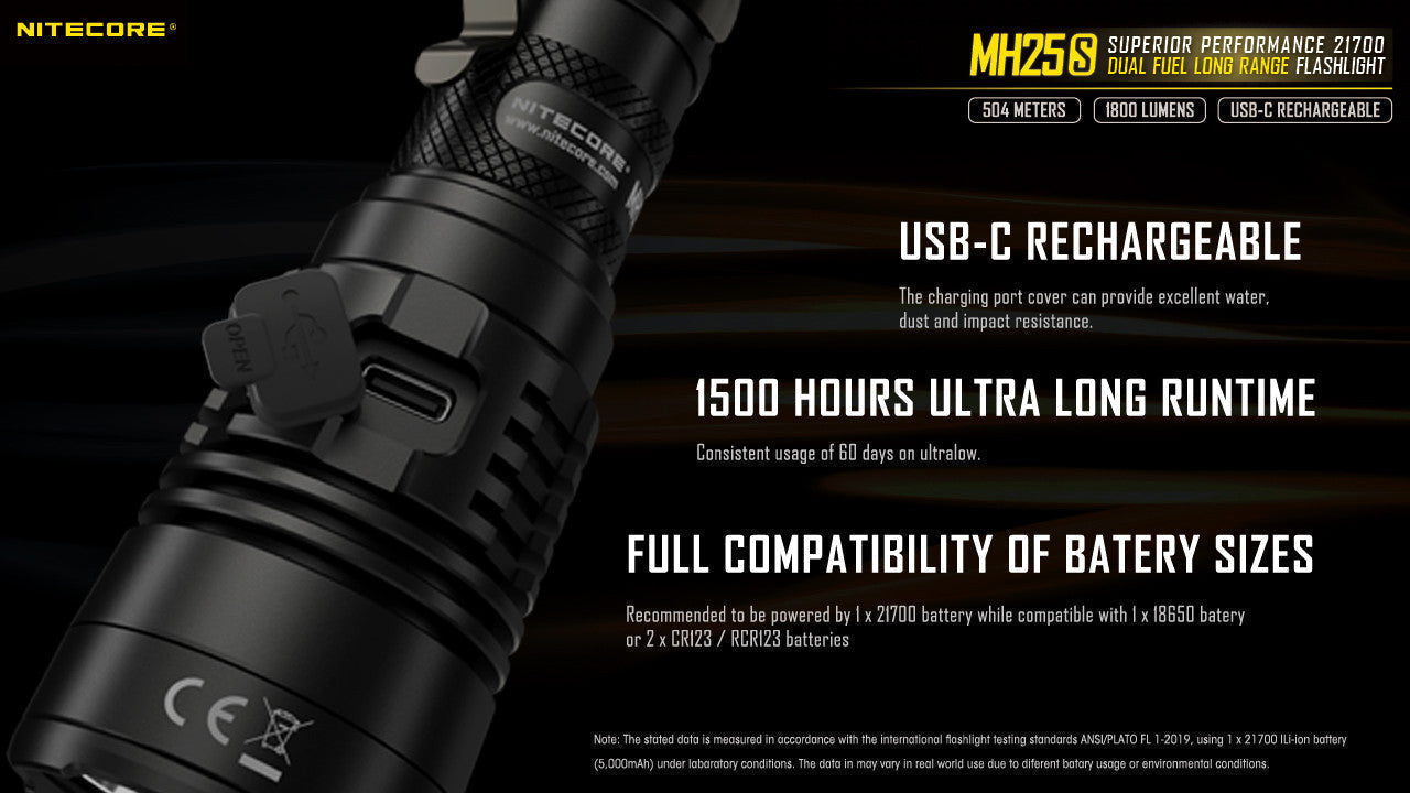 Flashlights & Headlamps - Nitecore MH25S, 551 Yard Long-Throw Rechargeable Flashlight (1800 Lumens | USB-C Rechargeable)
