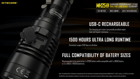 Flashlights & Headlamps - Nitecore MH25S, 551 Yard Long-Throw Rechargeable Flashlight (1800 Lumens | USB-C Rechargeable)