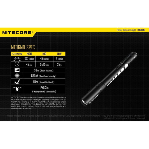 Flashlights & Headlamps - Nitecore MT06MD-PG Nichia 219B LED Penlight W/ Pupil Gauge (180 Lumens | 2xAAA)