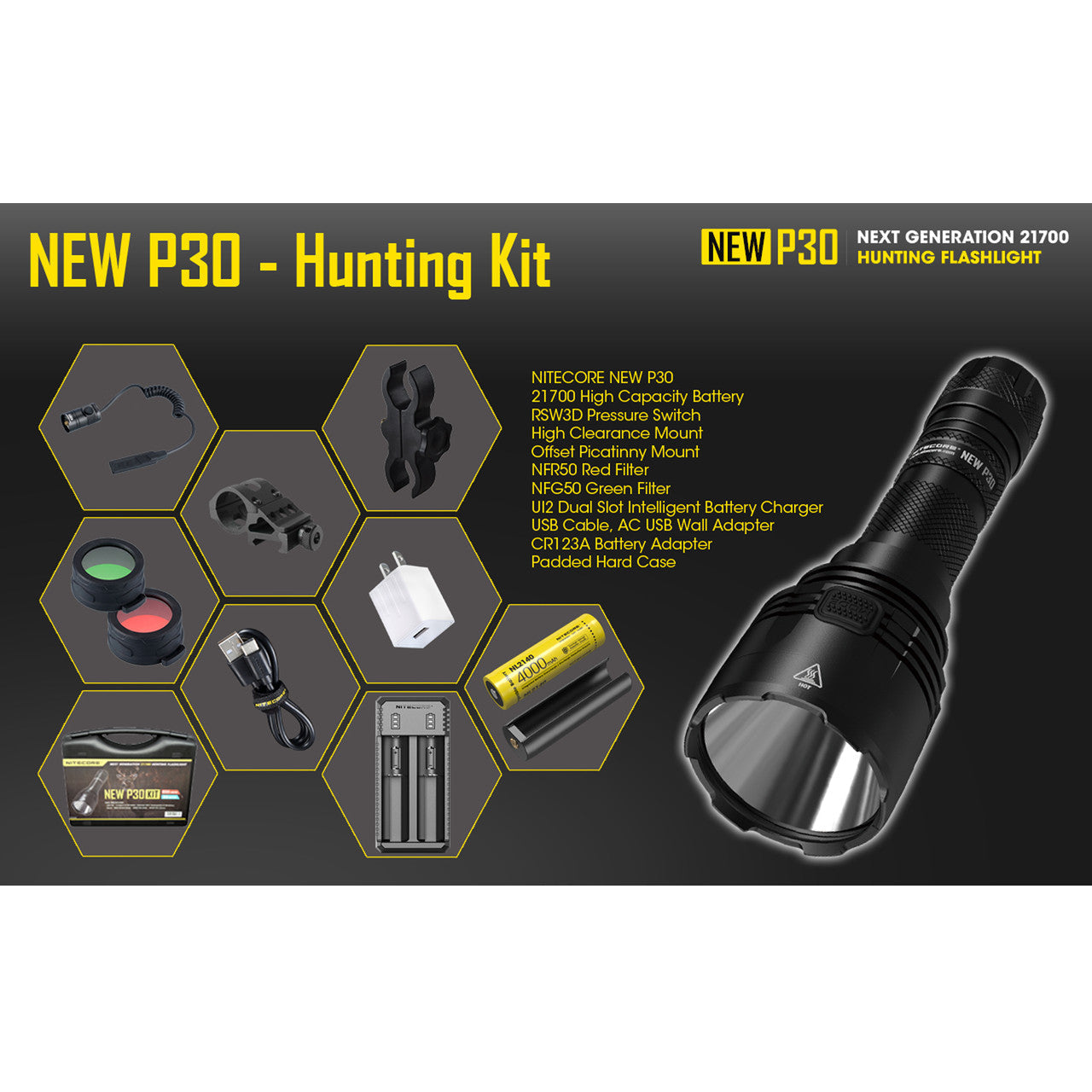 Flashlights & Headlamps - Nitecore NEW P30 Hunting Kit W/ LumenTac Offset Mount And AC USB Adapter