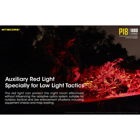 Flashlights & Headlamps - Nitecore P18 Flashlight W/ Silent Switch & Aux. Red Beam (1800 Lumens | 18650 Lithium)