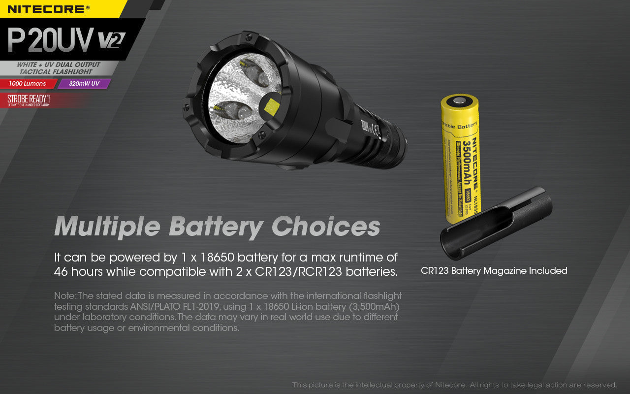 Flashlights & Headlamps - Nitecore P20UV-V2 Tactical Flashlight W/ Aux. UV Beam (1000 Lumens | 18650 Lithium)