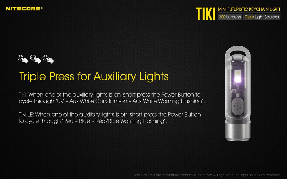 Flashlights & Headlamps - Nitecore TIKI GITD Keychain Light (300 Lumens | Rechargeable | Aux. 500mW UV Beam)